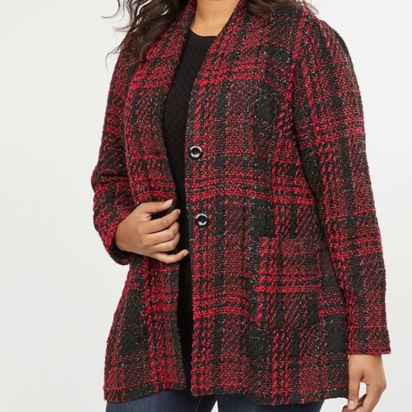 Lane Bryant Plaid Blazer Red Black 26/28 Sparkle Business Casual Office - Picture 1 of 14